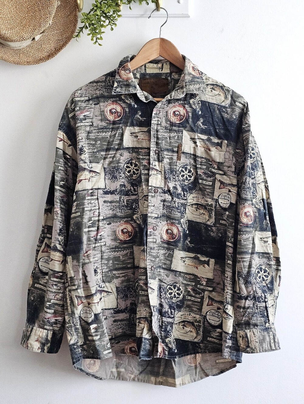 North River Outfitters Fishing Print Button Up Cotton Shirt Men’s Large Outdoor